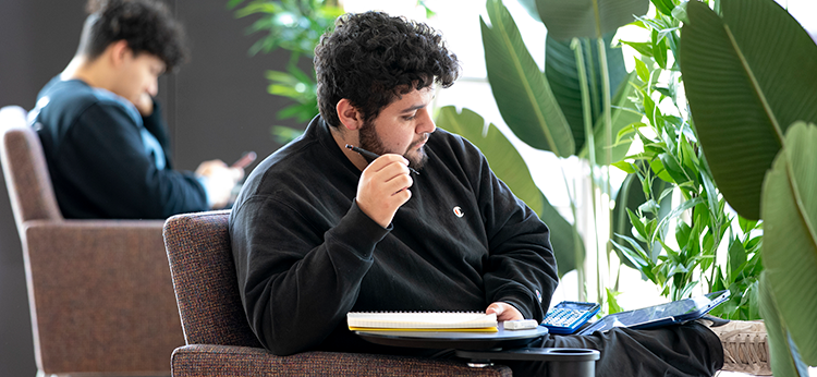 A male student wearing a black long-sleeved shirt is taking notes while browsing on an iPad. He is seated on a brown soft chair and is surrounded by plants in one of the STEM buildings’ student reading spaces. 