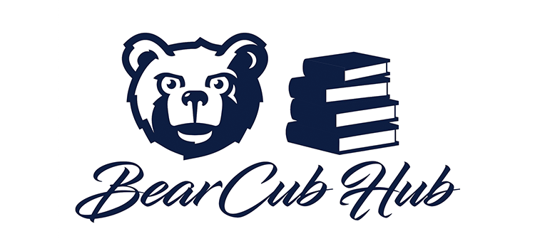 A head of a stylized bear cub over a white background. The words Bear Cub Hub “ are inscribed under it, and a stack of thick books is placed next to the bear cub. 