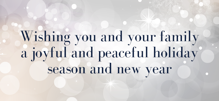 Winter holiday greeting on a white background with snowflakes and light reflections. The greeting reads: “Wishing you and your family a joyful and peaceful holiday season and new year.