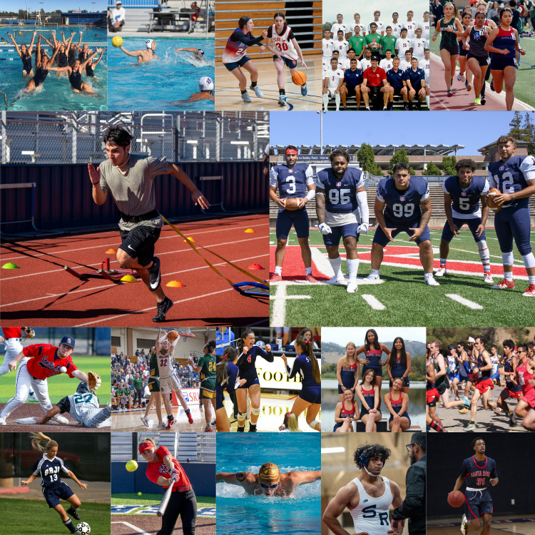 A composite image of student-athletes playing various sports at Santa Rosa Junior College. The images include the swimming and baseball teams, basketball, softball, track, etc.