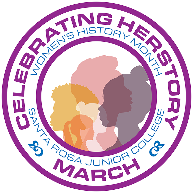 Round logo on a white background with multi-ethnic female profiles illustrating the annual events for Woman’s History Month 