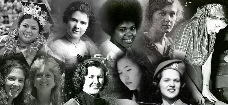 A black and white collage of photos showing women’s faces. The photos span more than 100 years of SRJC history, from 1918 to 2024, including the 1940s, wear attire specific to the era and represent diverse ethnicities. 