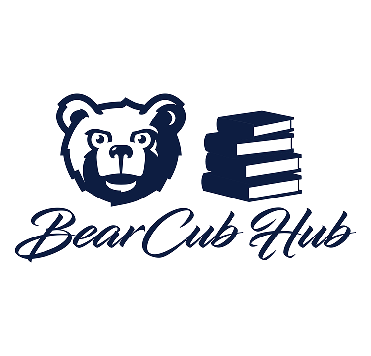 A head of a stylized bear cub with the words Bear Cub Hub inscribed under it. 