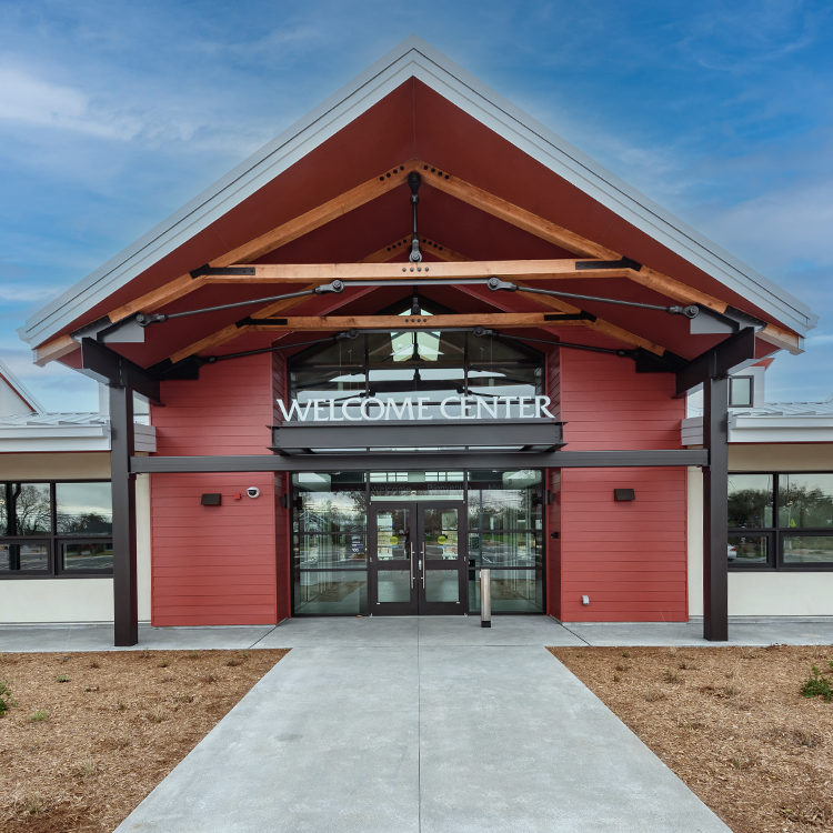 A photo of the exterior of the new Welcome Center at Santa Rosa Junior College Roseland site. 
